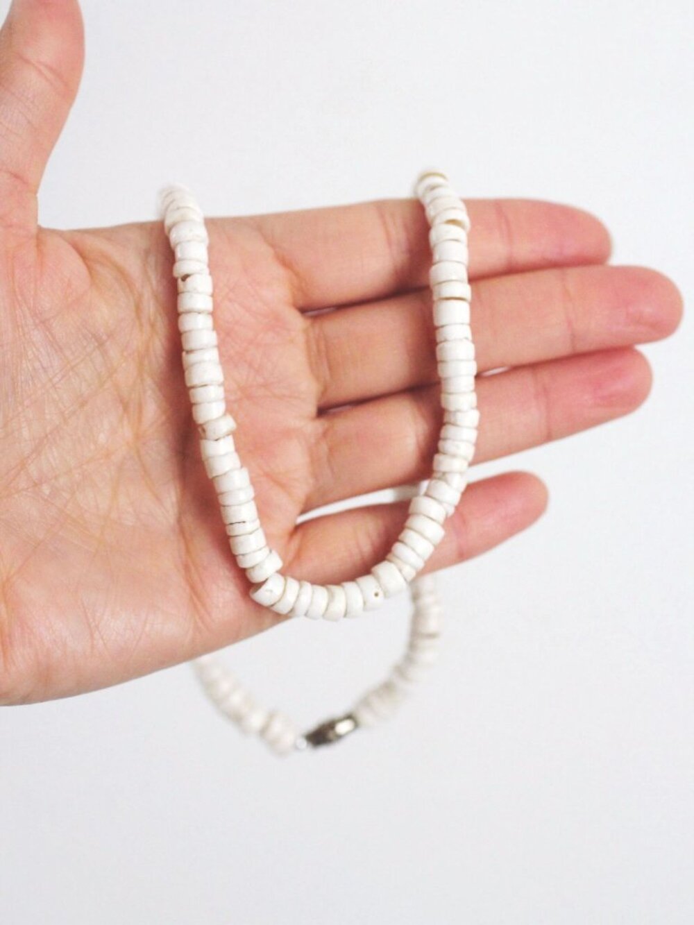 White Puka Shell Necklace Vintage Choker Surfer Boho Organic Beaded Coastal 70s